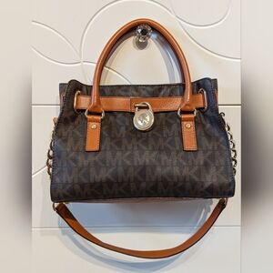 Michael Kors Brown MK Signature Satchel with Tan Leather Trim and Gold Hardware